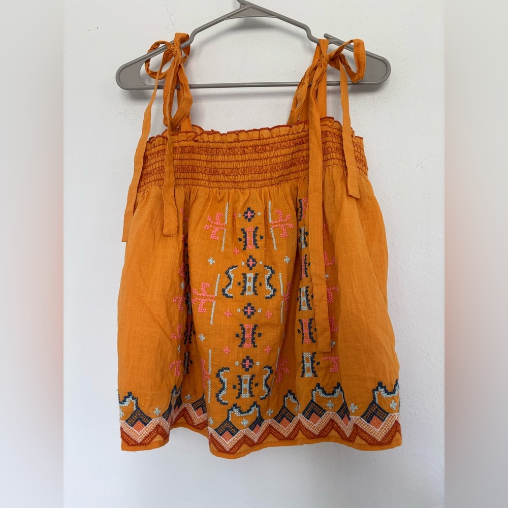 ANTHROPOLOGIE TROPICAL ORANGE EMBROIDERED FLOWY TIE STRAP BLOUSE SZ MEDIUM